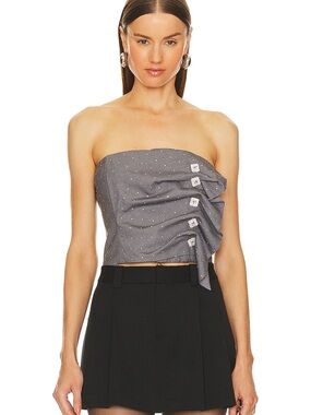 Set Strapless Gray Crystal Ruched Crop Top with embellished buttons + pants